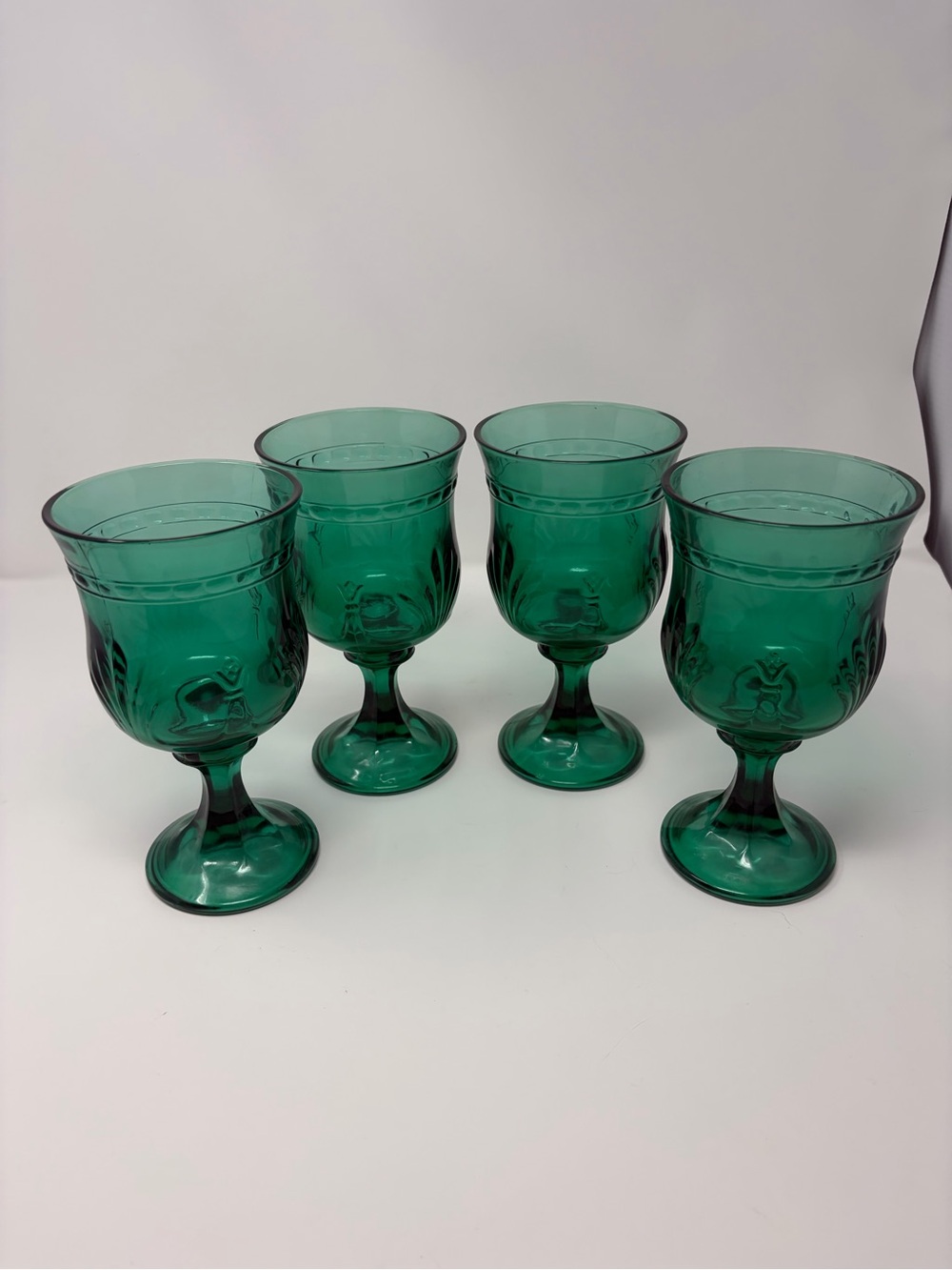 Vintage Set-4 Tuscany Glass King's Crown Thumbprint Blue/Green Wine Water Goblet